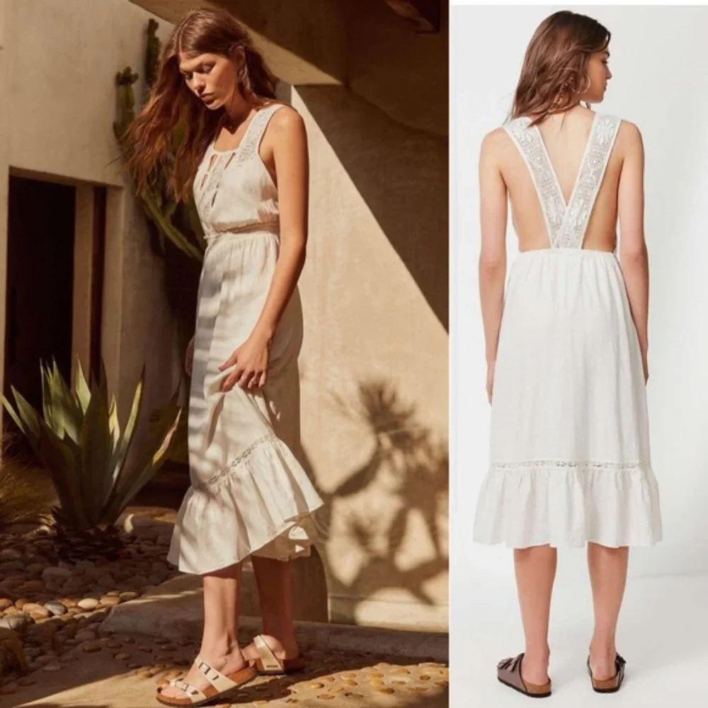Urban Outfitters‎ White Antoinette Open Back Lace Trim RUffle Hem Midi Dress XS